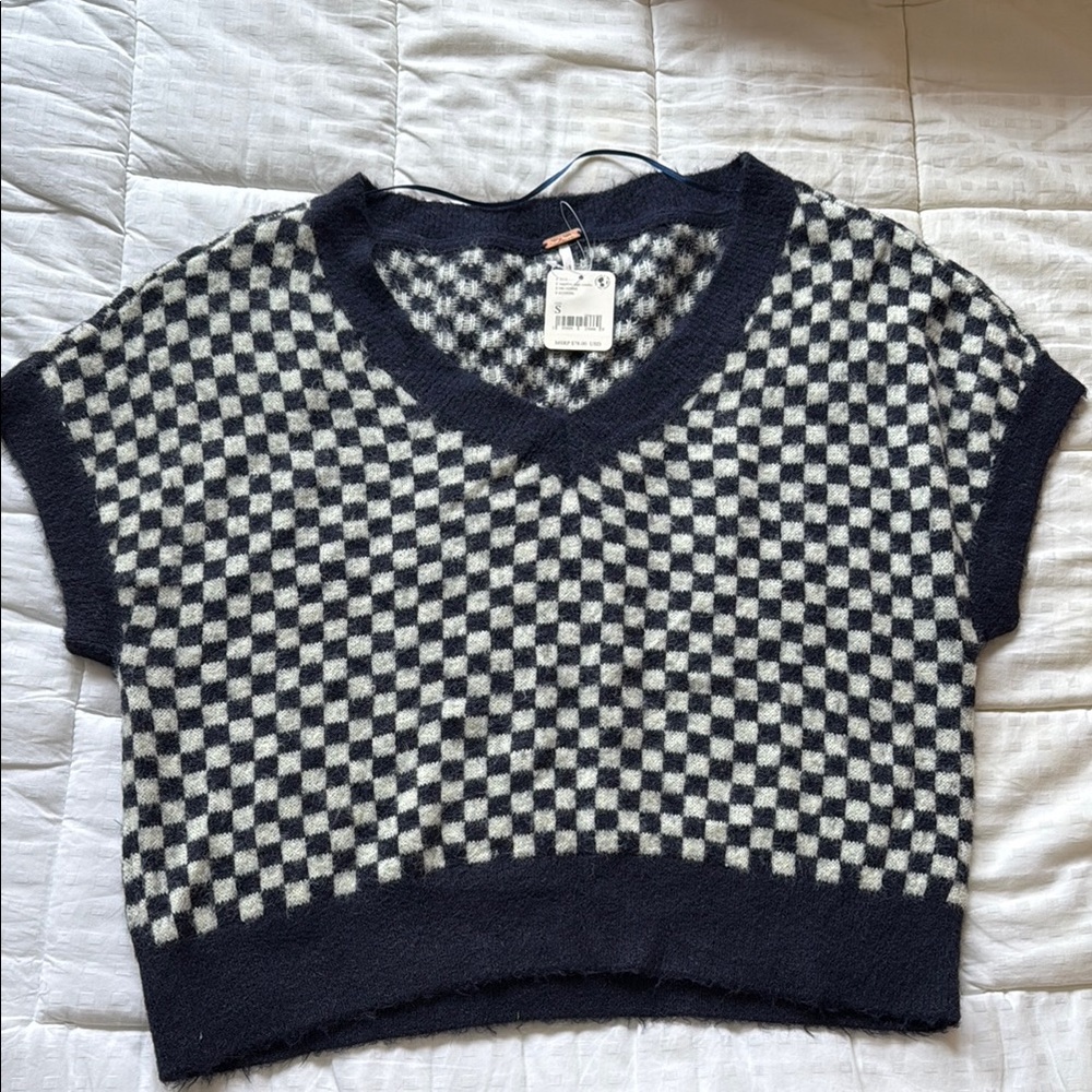 Free People Checkered V-Neck Sweater Vest
